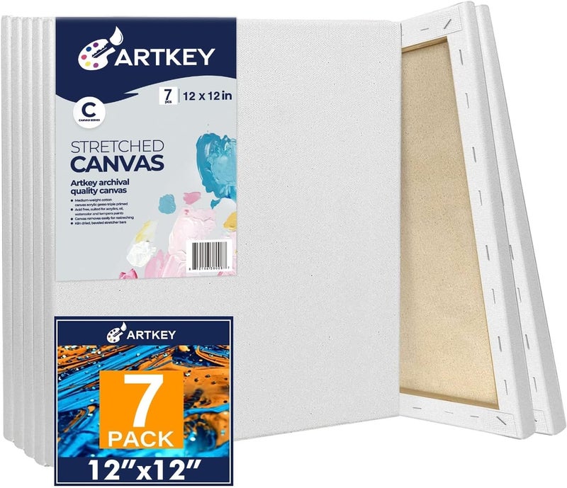 Artkey Stretched Canvases for Painting 12x12 Inch 7-Pack, 10 oz Triple Primed Acid-Free 100% Cotton Blank Canvas, Square Canvas for Oil Paint Acrylics Pouring & Wet Art Media, Pour Painting - Image 1